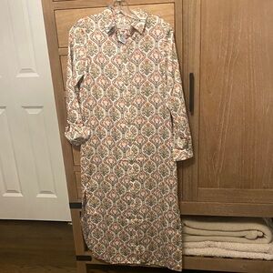 LOFT Petite Cream and Orange Patterned Long Sleeve Dress with slits